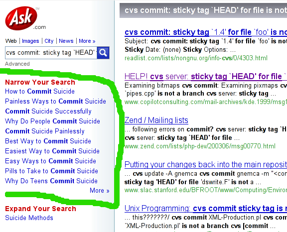 Image of Ask search with related search suggestions of suicide